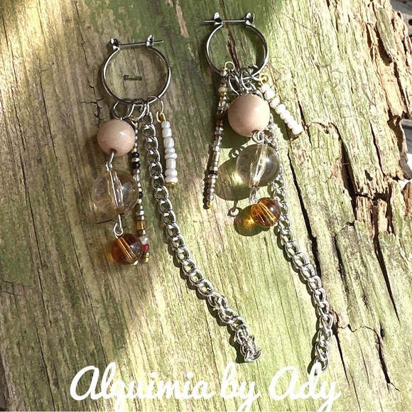 Bohemian hoops with charms and tassels gemstones amber - Picture 1 of 1